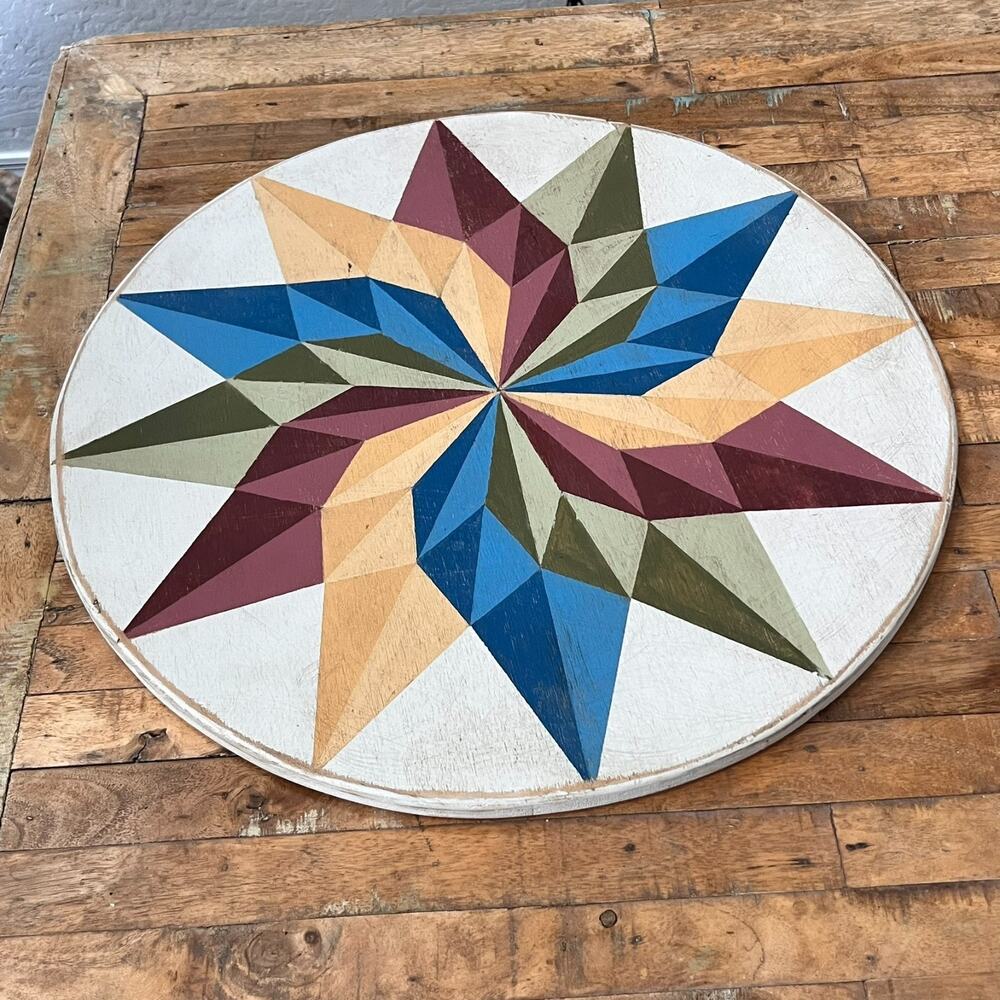 Round Hand-painted Wooden Barn Quilt 22.5" Wall Hanging Multicolor Burst Star